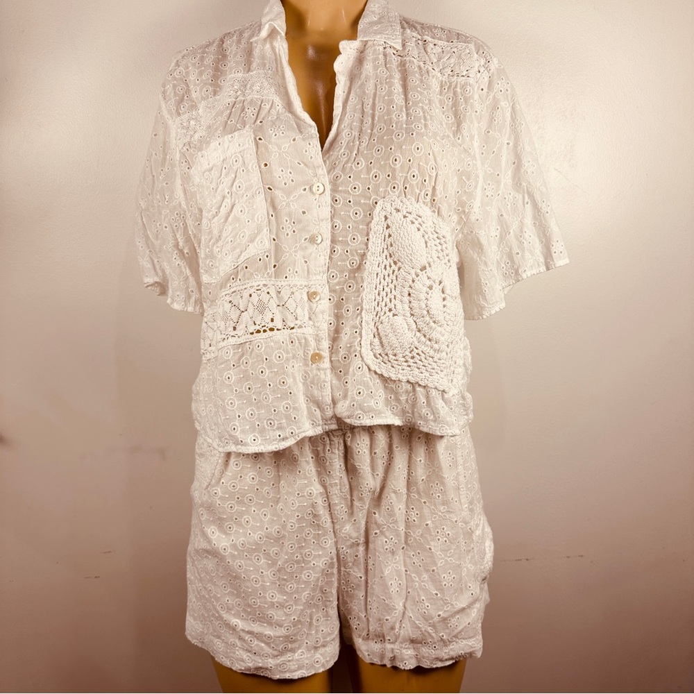 Set Zara Eyelet Shorts And Shirt Sz L Crochet Crop White Top Pullon